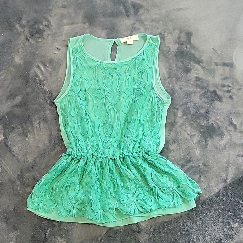 ISSI Vintage Y2K Sleeveless Green Lace Peplum Blouse, Size Small
